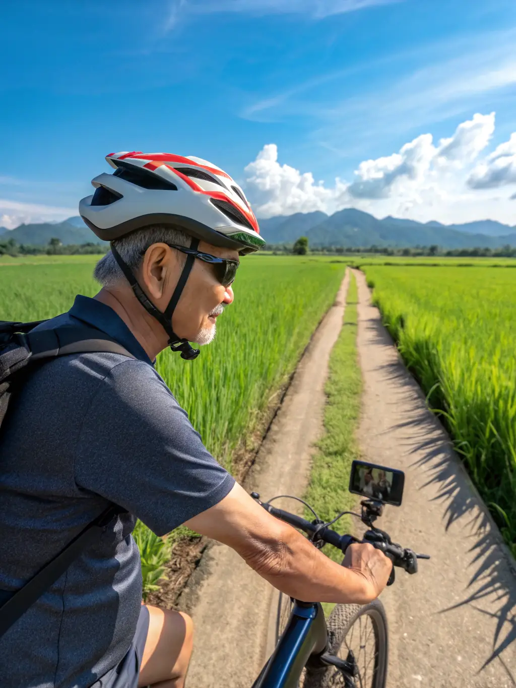 A senior man in his 50s, using a smartphone to navigate a cycling route through the rice fields of Thailand, with a clear blue sky in the background.
