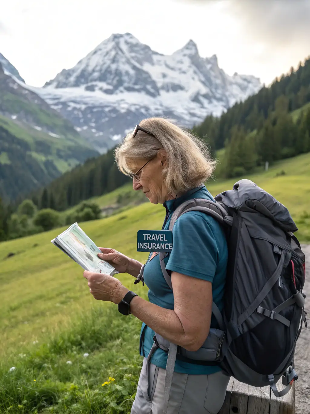 A senior woman in her 60s, wearing a hiking backpack, consulting a travel insurance document while standing in front of the Swiss Alps.