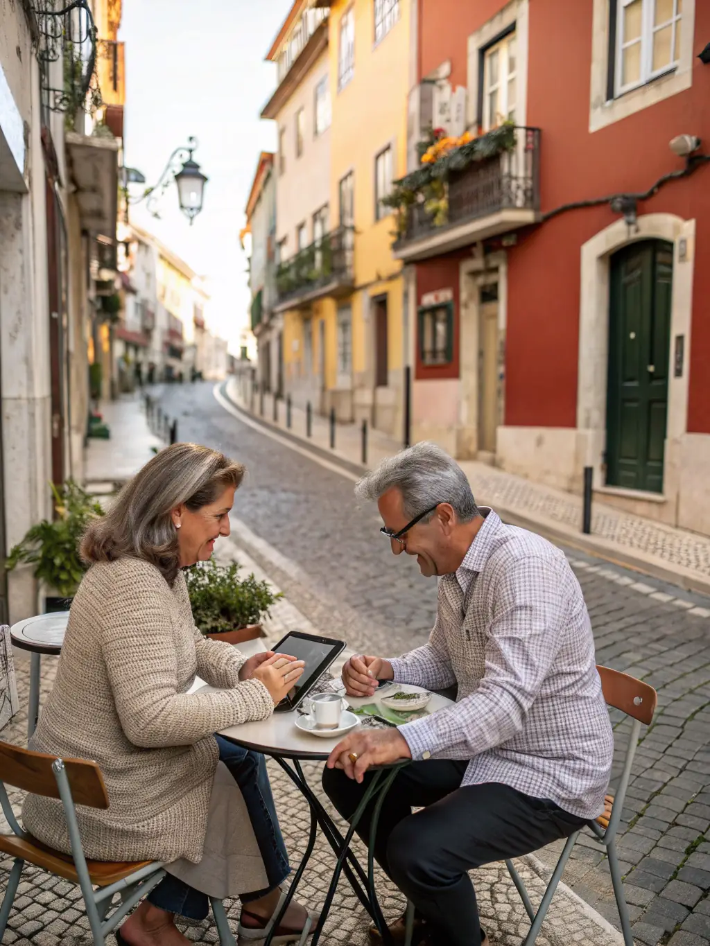 A mature couple in their 50s, sitting at an outdoor cafe in Lisbon, Portugal, planning their travel budget using a tablet, with a spreadsheet visible on the screen.