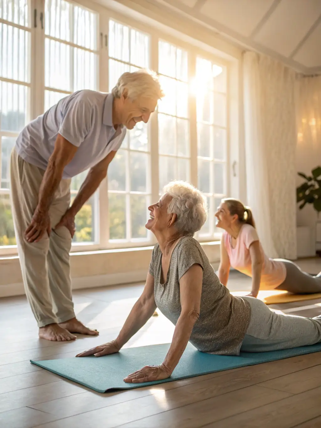 A senior couple in their 50s, practicing yoga on a beach in Bali, Indonesia, with a focus on maintaining health and wellness during their travels.